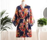 New Blue Women's Kimono Bath Gown Hot Sale Flower Brides Robe Dress Nightgown Casual Short Sleepwear
