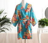 New Blue Women's Kimono Bath Gown Hot Sale Flower Brides Robe Dress Nightgown Casual Short Sleepwear
