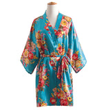 New Blue Women's Kimono Bath Gown Hot Sale Flower Brides Robe Dress Nightgown Casual Short Sleepwear