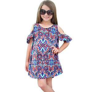 Summer Baby Kids Girls Dress Shoulder Print Bohemian Dress Clothes Outfits children clothes Drop ship