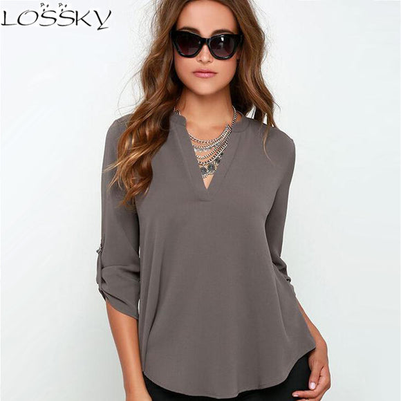 2017 Big Yard Tops Women V-neck Chiffon Blouses 3/4 Sleeve Female Shirt Fashion Large Size Plus Size Feminina Camisas  Blusas