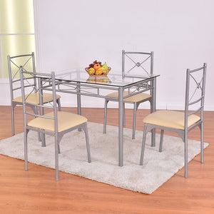 Goplus 5 Piece Kitchen Dining Room Set Glass Metal Table and 4 Chairs Set Breakfast Furniture Kitchen Table Chairs Set HW54426