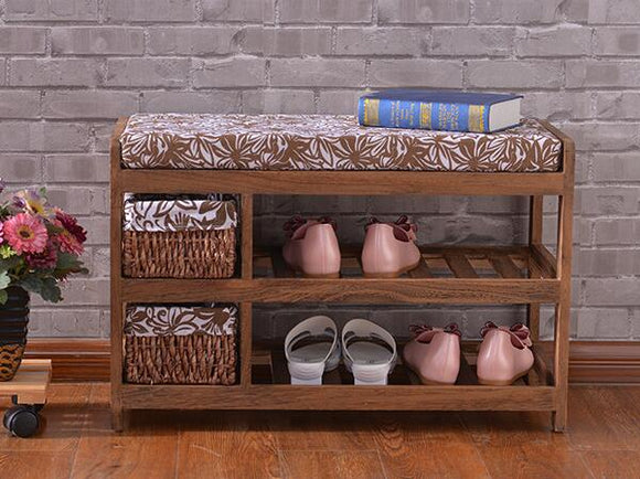 Wooden Shoe Rack With Two Storage Basket Paulownia Solid  Wood Bench Living Room Furniture Japanese Style Shoe Bench Shelf Rack