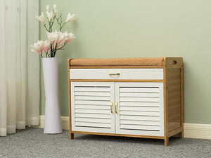 2 Shelves Bamboo Shoe-Storage Cabinet With Two Doors&Drawer  and Cushion Seat Bamboo Furniture Double Shoe Cabinet for Hallway