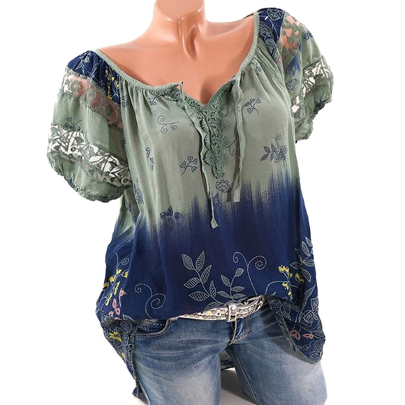 5XL Plus Size Women Hollow Out Lace Splice Blouse Summer Clothes V Neck Tie Bow Print Bohemian Floral Blouses WS6922U