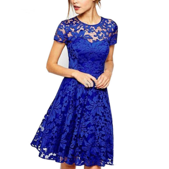 5XL Plus Size Dress Fashion Women Elegant Sweet Hallow Out Lace Dress Sexy Party Princess Slim Summer Dresses Vestidos Red Blue