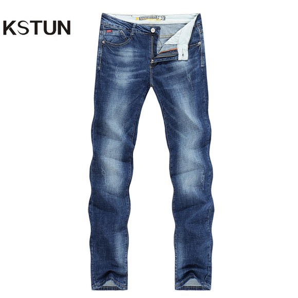 KSTUN Men Jeans Business Casual Thin Summer Straight Slim Fit Blue Jeans Stretch Denim Pants Trousers Classic Cowboys Young Man