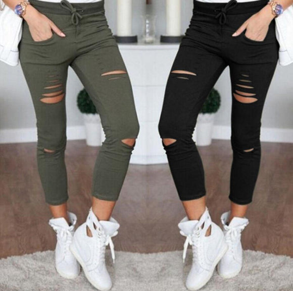 2018 Summer Skinny Jeans Women Denim Pants Holes Destroyed Knee Pencil Pants Casual Trousers Black White Stretch Ripped Jeans