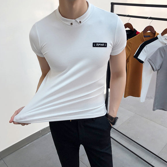 New 2018 Spring Summer Letter Cotton Comfortable Small Lapel Self-cultivation Pure Solid Color Short Sleeve T Shirt Male M-3XL